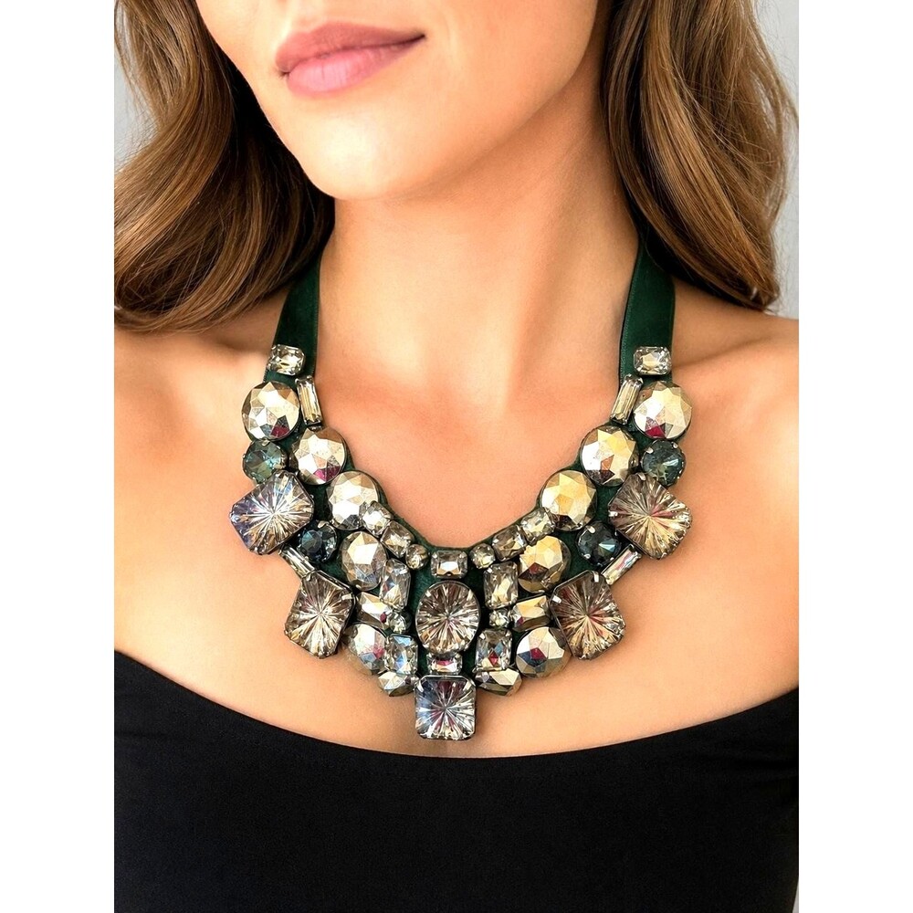 Joan Rivers Statement Necklace Green Ribbon Crystal Rhinestone Bib Necklace